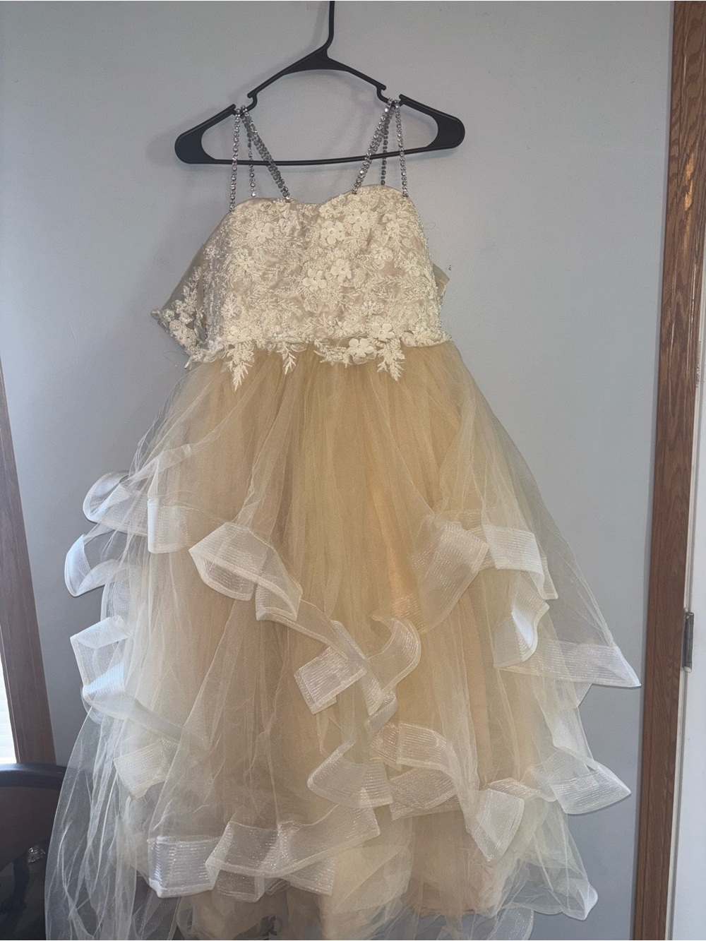 Ivory Lace Bodice with Gold Tulle Ruffle Party Dress for Girls